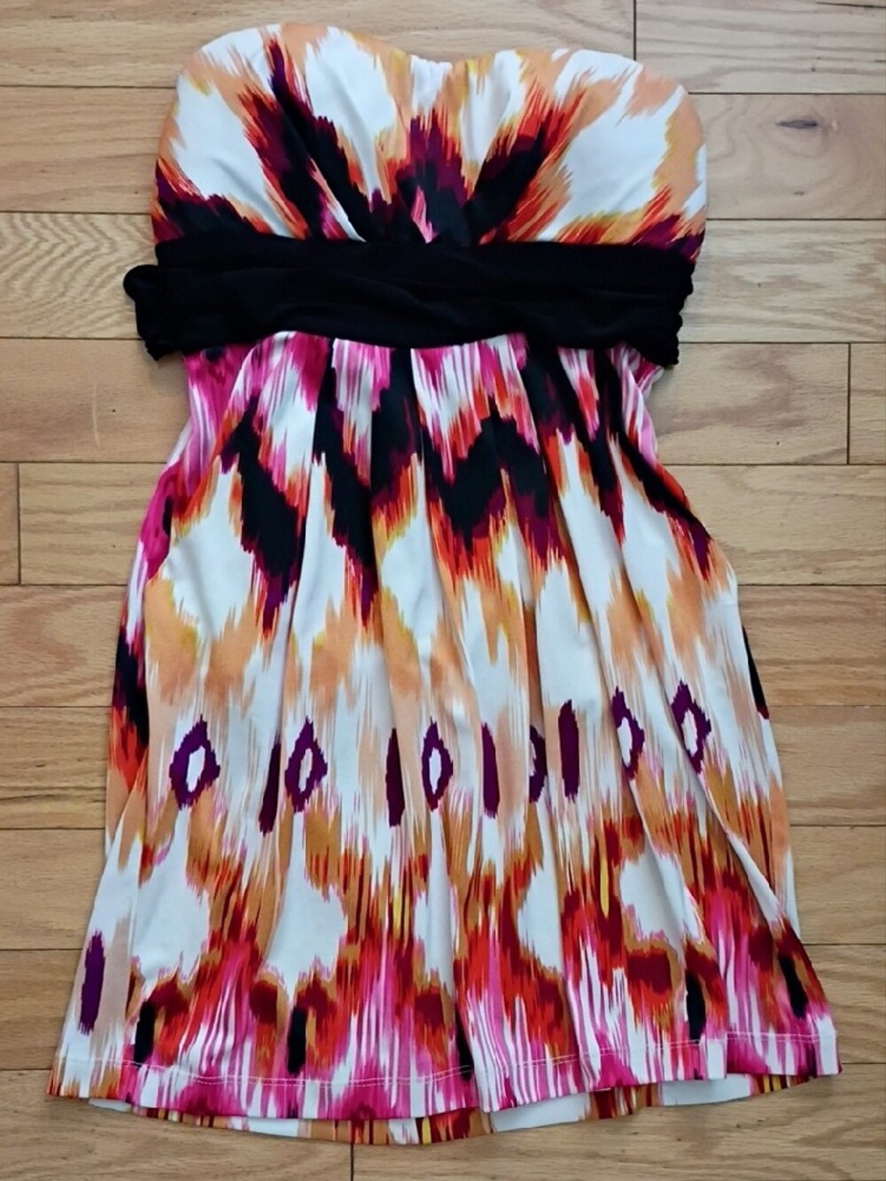 Strapless Abstract Ikat Print Dress with Black Waistband